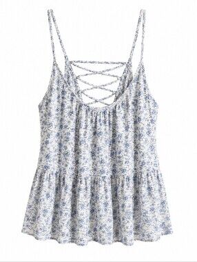 American Eagle Outfitters White and Blue Floral Lace-Up Cami Sz XL